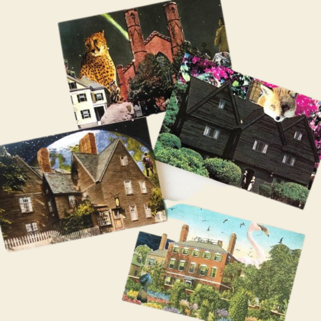 4 postcards showing photo collages of Salem, Massachusetts historical sites and