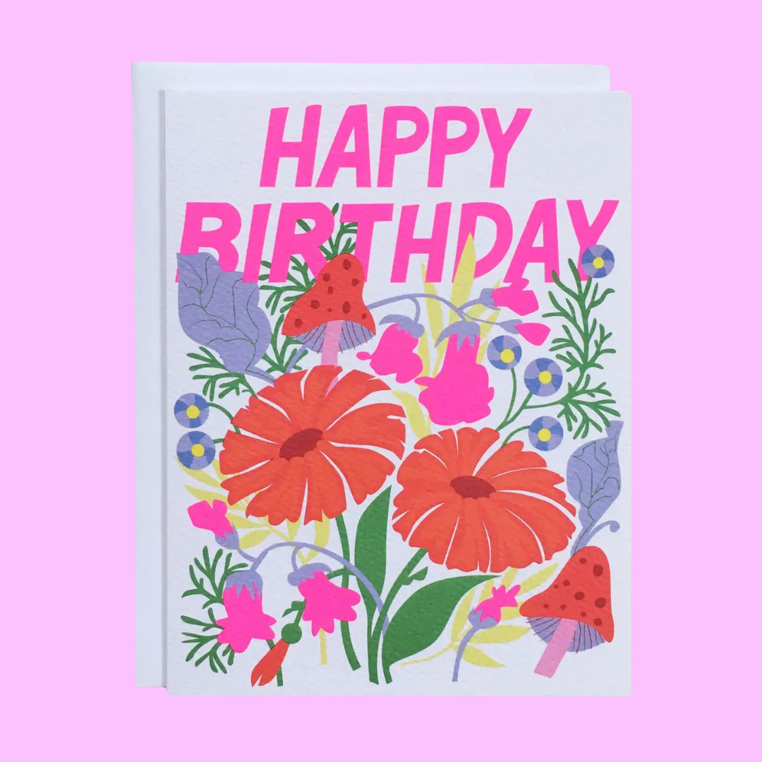 Mushrooms and Florals Happy Birthday Greeting Card