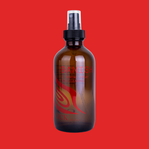 Banish: A Room Spray for dreaming, in an amber glass bottle intentionally adorned with red swirls. 8 oz/237 mL.